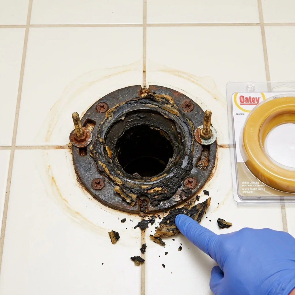Failed wax ring showing water seepage at the base of a toilet in a Willard, OH home