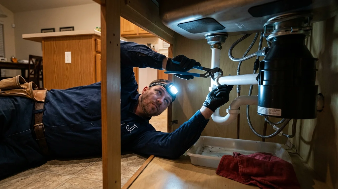 P-trap and supply line connections under a kitchen sink showing a common leak point in Willard, OH